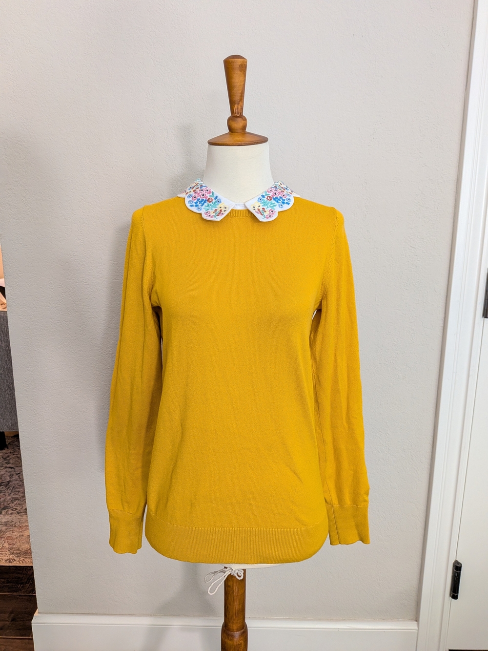 Boden Mustard Yellow Sweater with Detachable Embroidered Peter Pan Collar